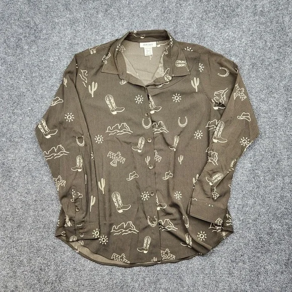 Ariat Shirt Womens Medium Brown Western Desert Print Button Front Long Sleeve - Picture 1 of 9